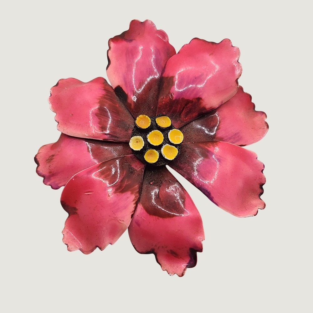 Vintage Enamel Flower Brooch Pink Brown Mod Pop Art 1950s Floral Statement Pin